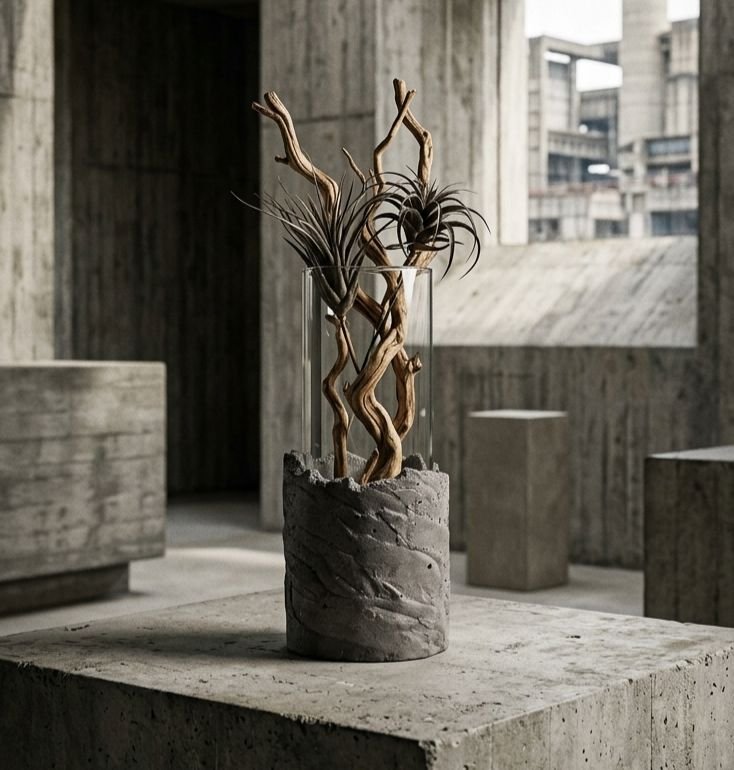 Glass cylinder vase set in a textured concrete base, holding dried branches and air plants