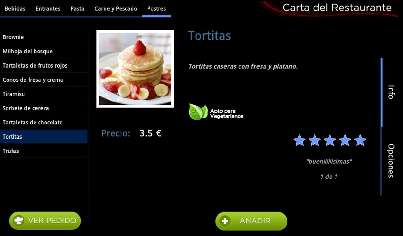 Touch & Eat tablet ordering screen showing the dessert menu, with dish details, price and an add-to-order button