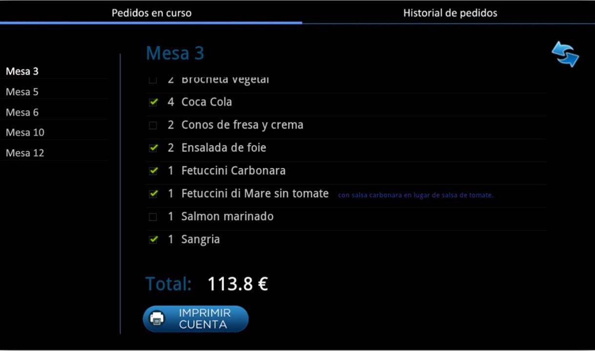Touch & Eat order management screen showing tracked items, a special request note and the running total for Table 3